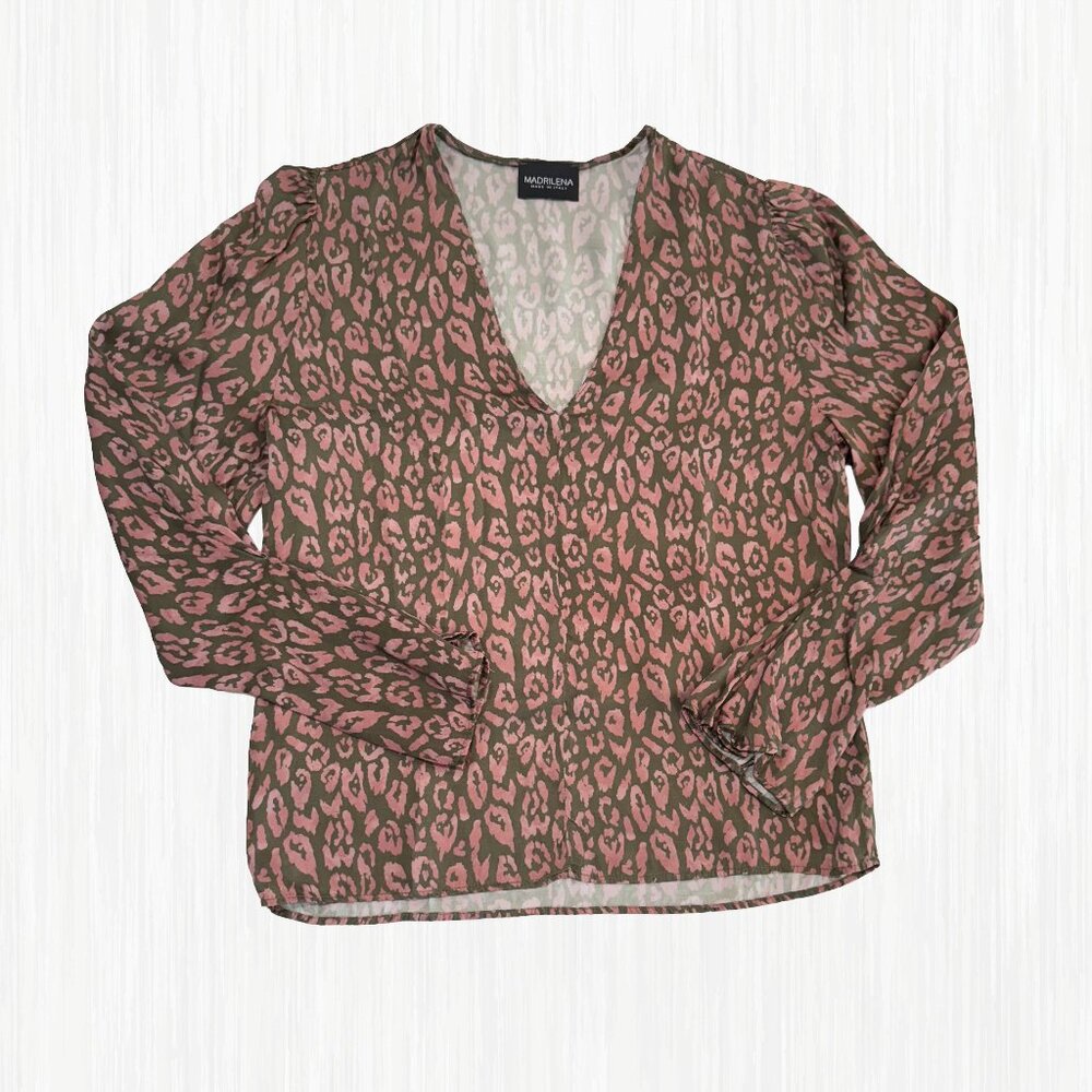 Madrilena Pink/Green Leopard print blouse From Italy Size 42 US S/M 4-6 Silky